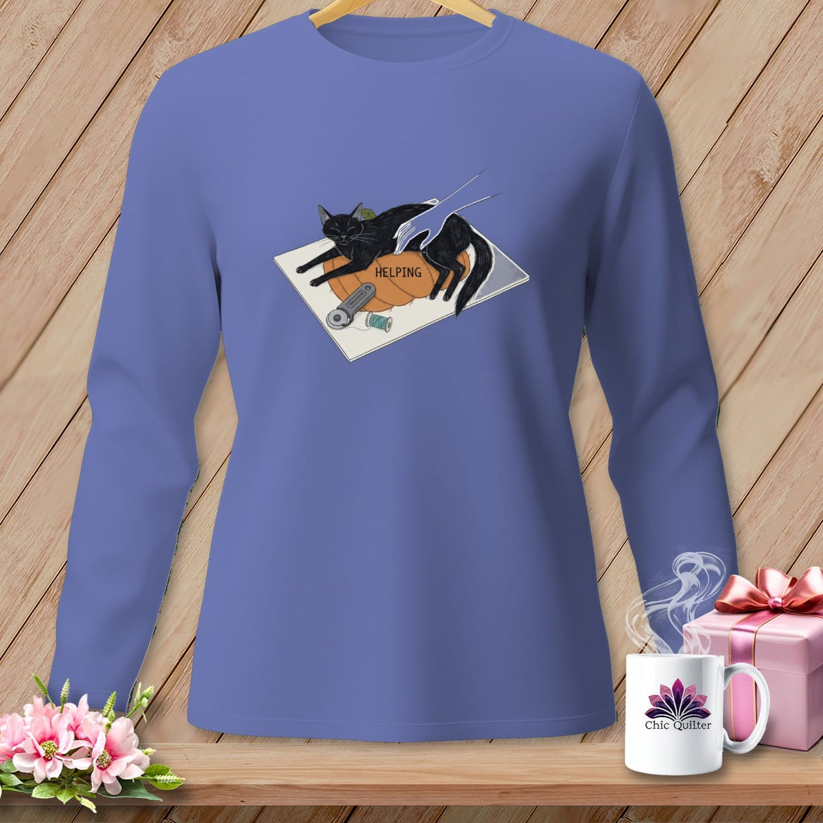 MyDesigns Physical Item S / Flo Blue HELPING ~ Cat on the Cutting Mat ~ Long Sleeve Tee