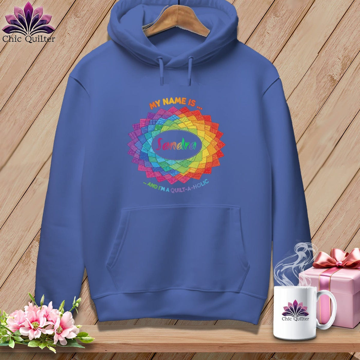 MyDesigns Physical Item S / Flo Blue Personalized Rainbow Quilt Spiral ~ Premium Hoodie