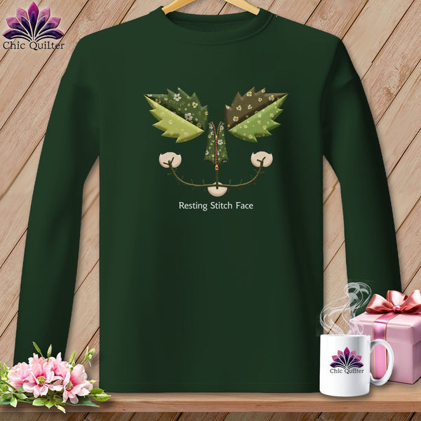MyDesigns Physical Item S / Forest Green Garden Stitch -  Resting Stitch Face Graphic Design ~ Long Sleeve T-Shirt