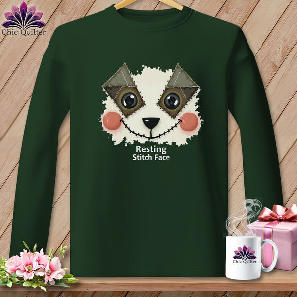 MyDesigns Physical Item S / Forest Green Patchwork Cheek - Resting Stitch Face ~ Long Sleeve T-Shirt