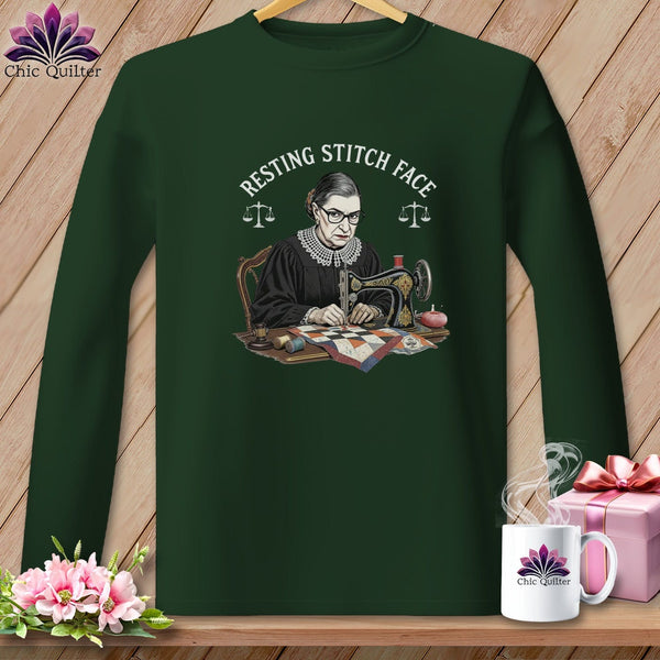 MyDesigns Physical Item S / Forest Green Ruth Sewder Ginsburg - Resting Stitch Face ~ Long Sleeve T-Shirt