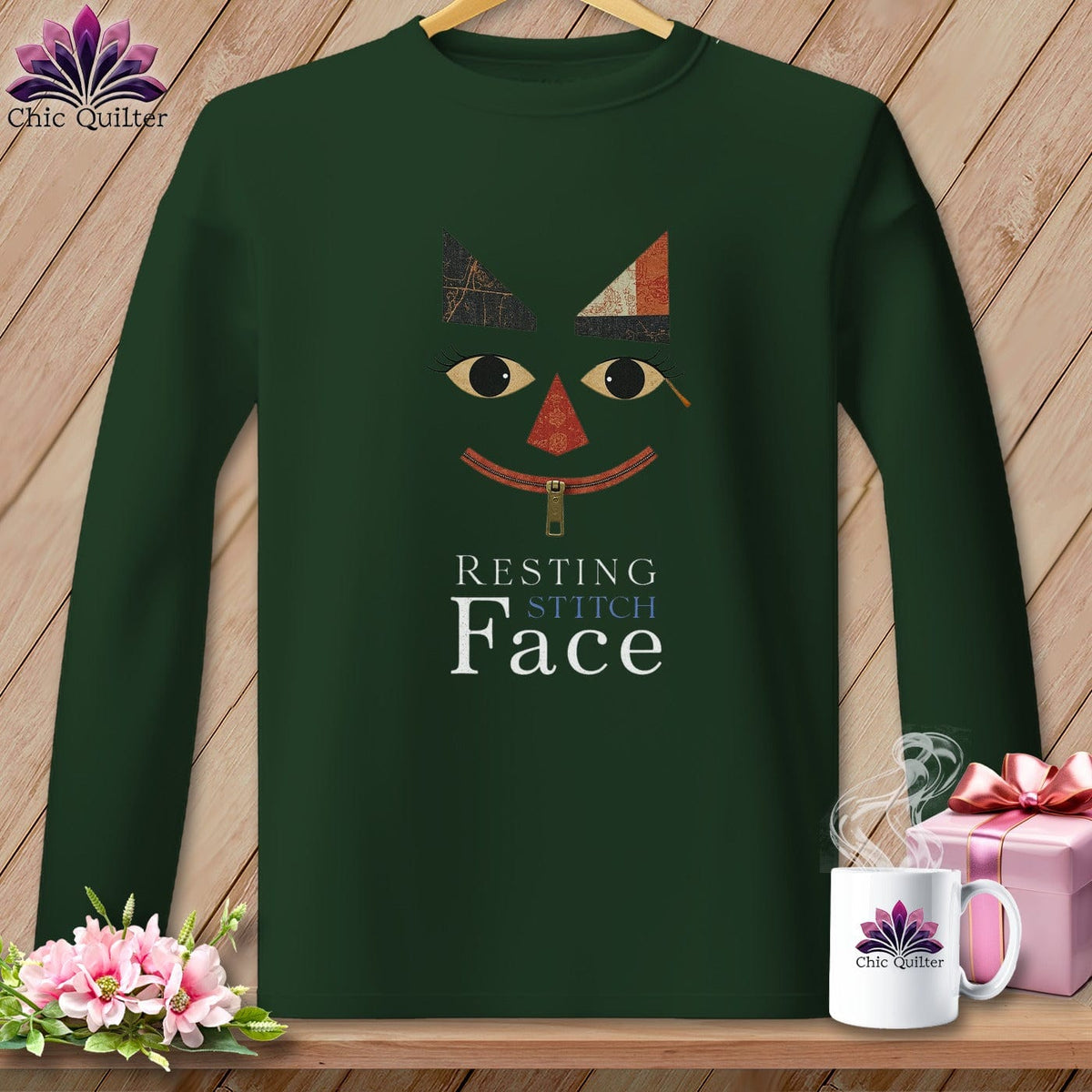 MyDesigns Physical Item S / Forest Green Zip It  - Resting Stitch Face ~ Long Sleeve T-Shirt