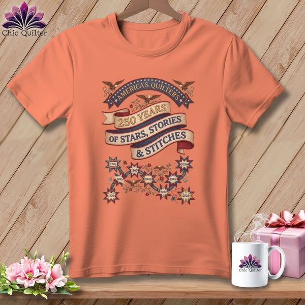 MyDesigns Physical Item S / Heather Sunset America's Quilters 250 Years of Stars Stories & Stitches Patriotic Quilting ~ Relaxed Fit Tee