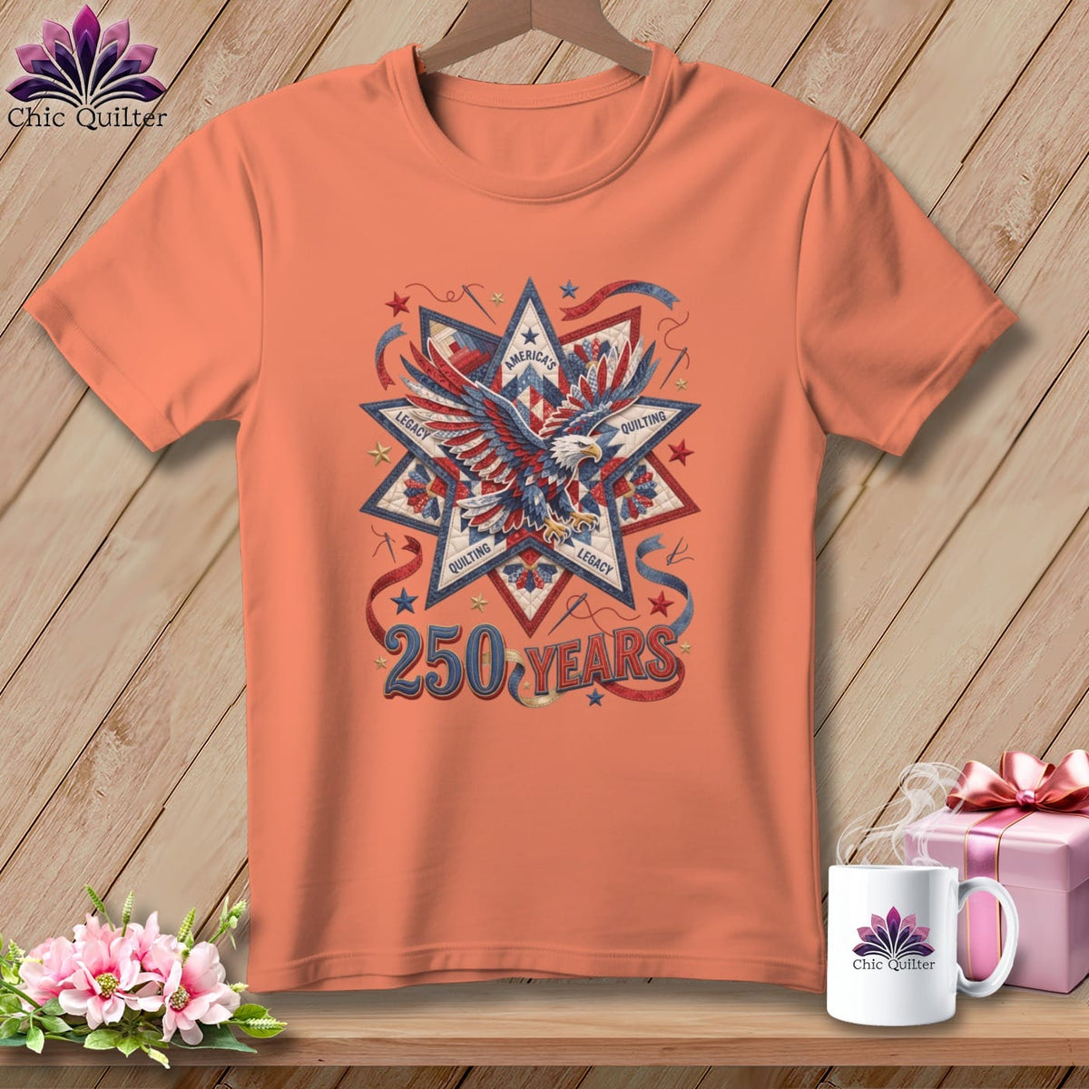 MyDesigns Physical Item S / Heather Sunset America's Quilting Legacy 250 Years Patriotic Quilter ~ Relaxed Fit Tee