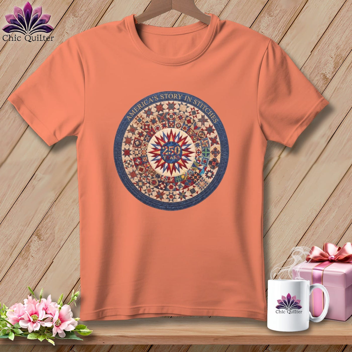 MyDesigns Physical Item S / Heather Sunset America's Story in Stitches 250 Years Quilter ~ Relaxed Fit Tee