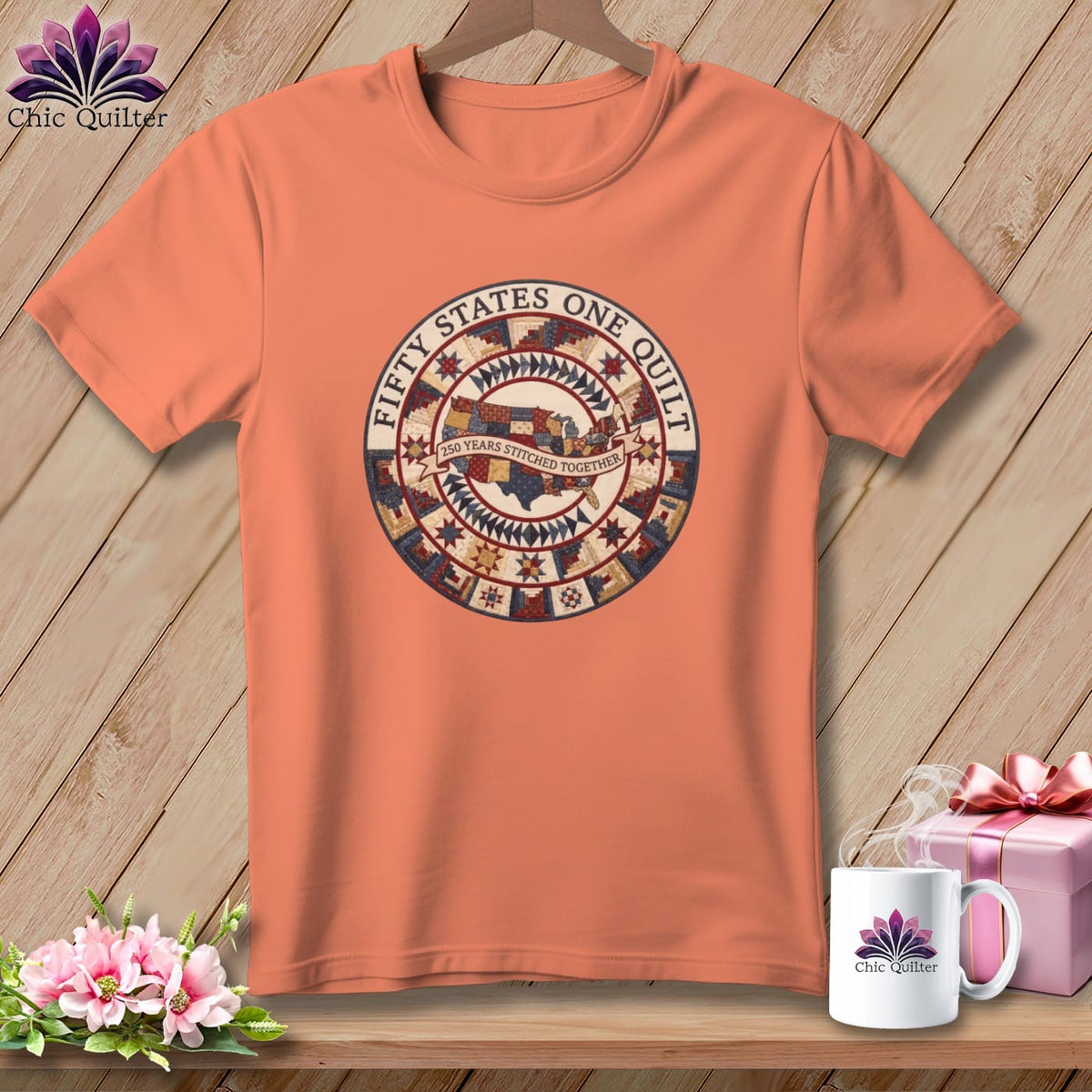 MyDesigns Physical Item S / Heather Sunset Fifty States One Quilt ~ 250 Years Stitched Together Quilter ~ Relaxed Fit Tee