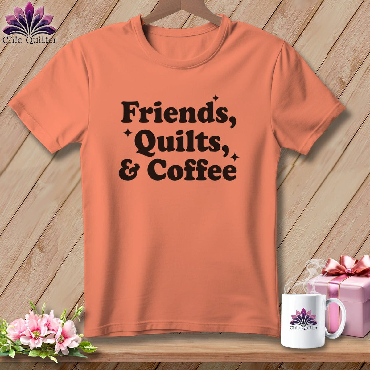 MyDesigns Physical Item S / Heather Sunset Friends, Quilts & Coffee ~ Relaxed Fit Tee