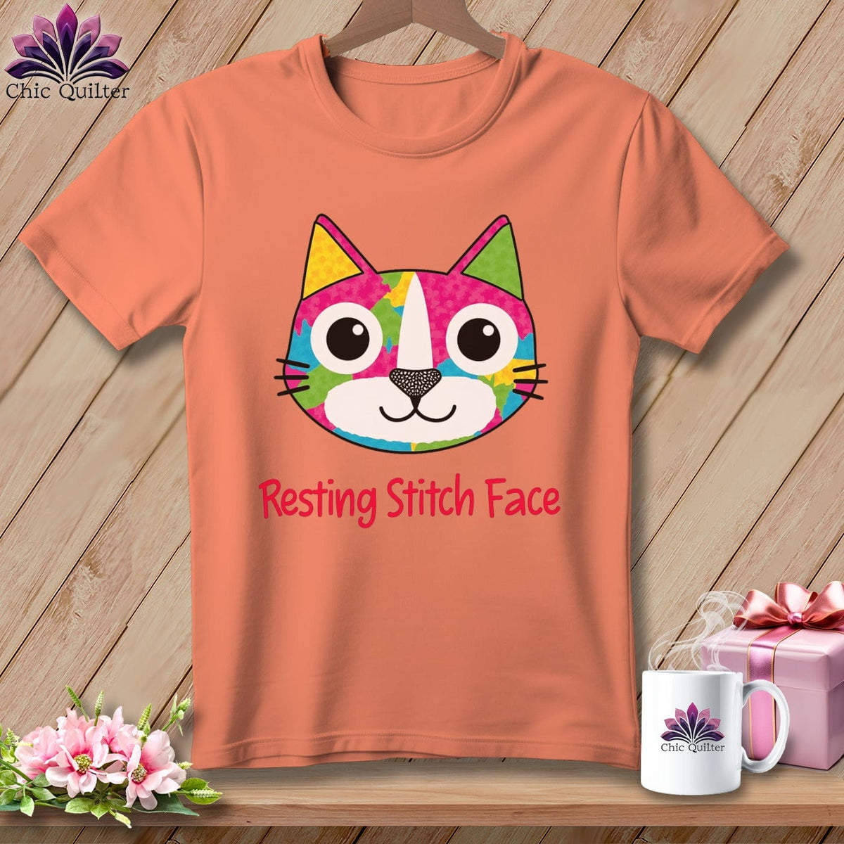 MyDesigns Physical Item S / Heather Sunset Patchwork Smile - Resting Stitch Face ~ Relaxed Fit Tee
