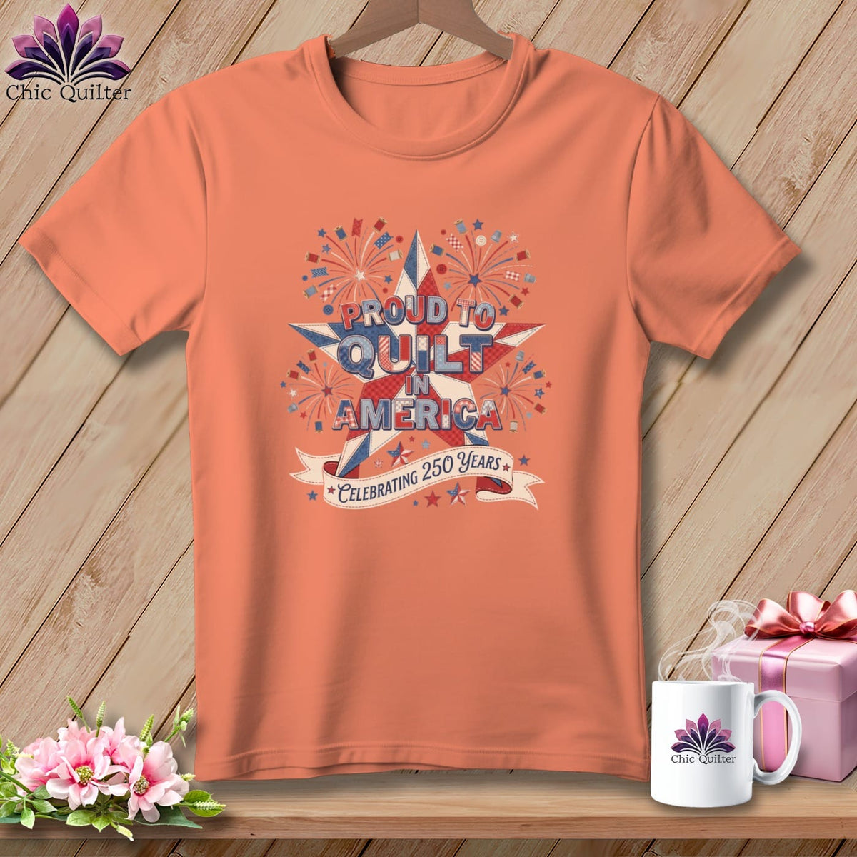 MyDesigns Physical Item S / Heather Sunset Proud To Quilt In America Tee ~ Celebrating 250 Years ~ Relaxed Fit Tee