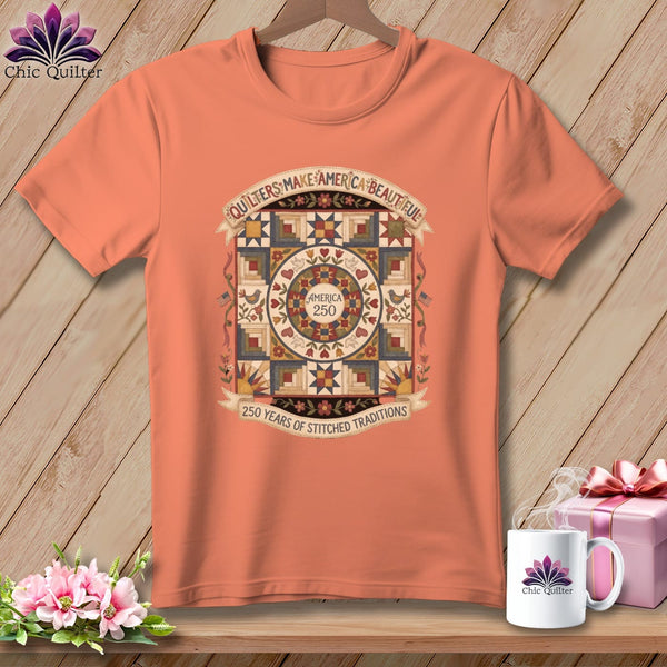 MyDesigns Physical Item S / Heather Sunset Quilters Make America Beautiful ~ America 250 Stitched Traditions ~ Relaxed Fit Tee