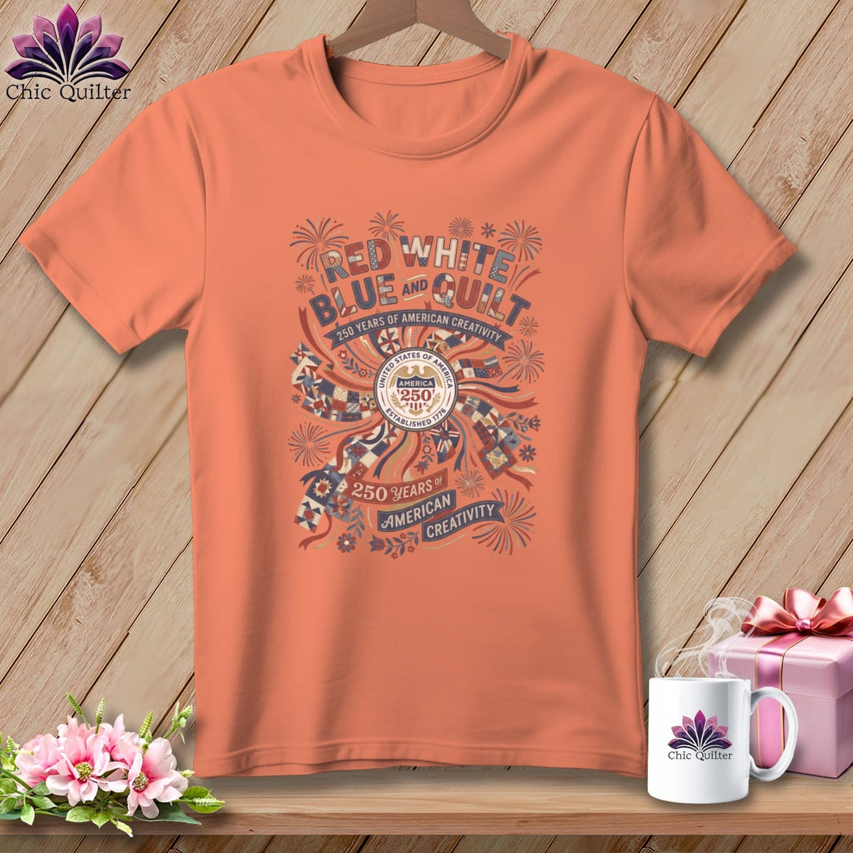MyDesigns Physical Item S / Heather Sunset Red White Blue and Quilt 250 Years of American Creativity Patriotic Quilte ~ Relaxed Fit Teer Tee