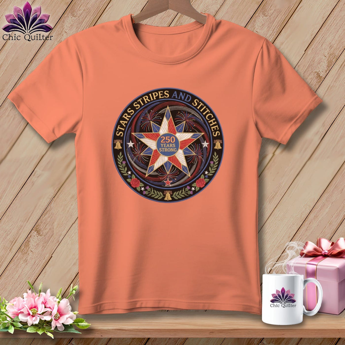 MyDesigns Physical Item S / Heather Sunset Stars Stripes and Stitches 250 Years Strong Quilter ~ Relaxed Fit Tee