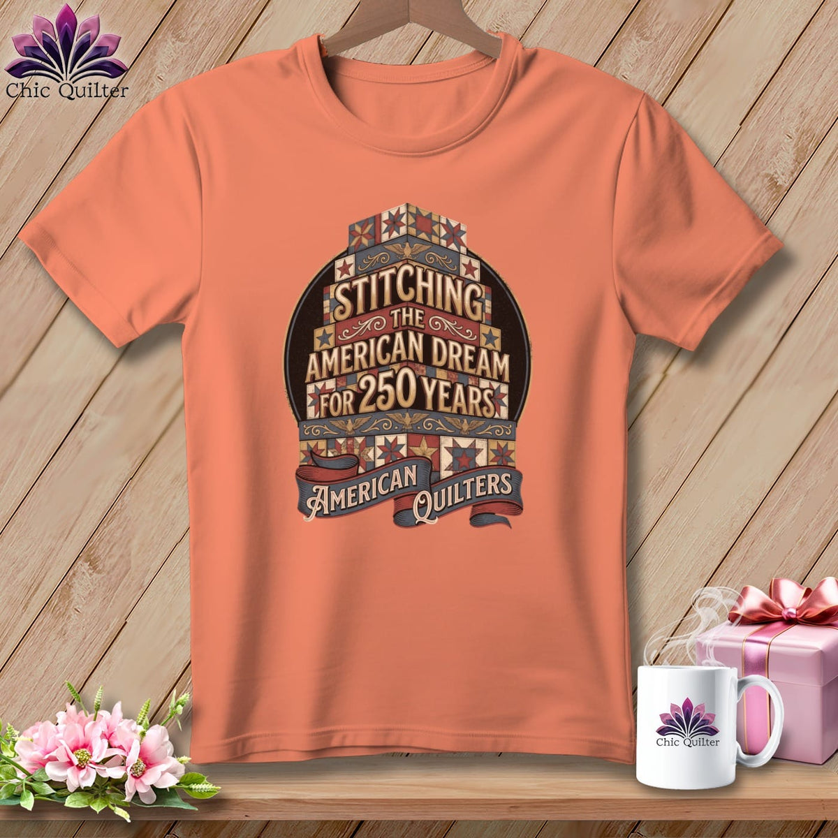 MyDesigns Physical Item S / Heather Sunset Stitching the American Dream for 250 Years American Quilters ~ Relaxed Fit Tee