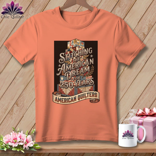 MyDesigns Physical Item S / Heather Sunset Stitching the American Dream for 250 Years Quilter ~ Relaxed Fit Tee