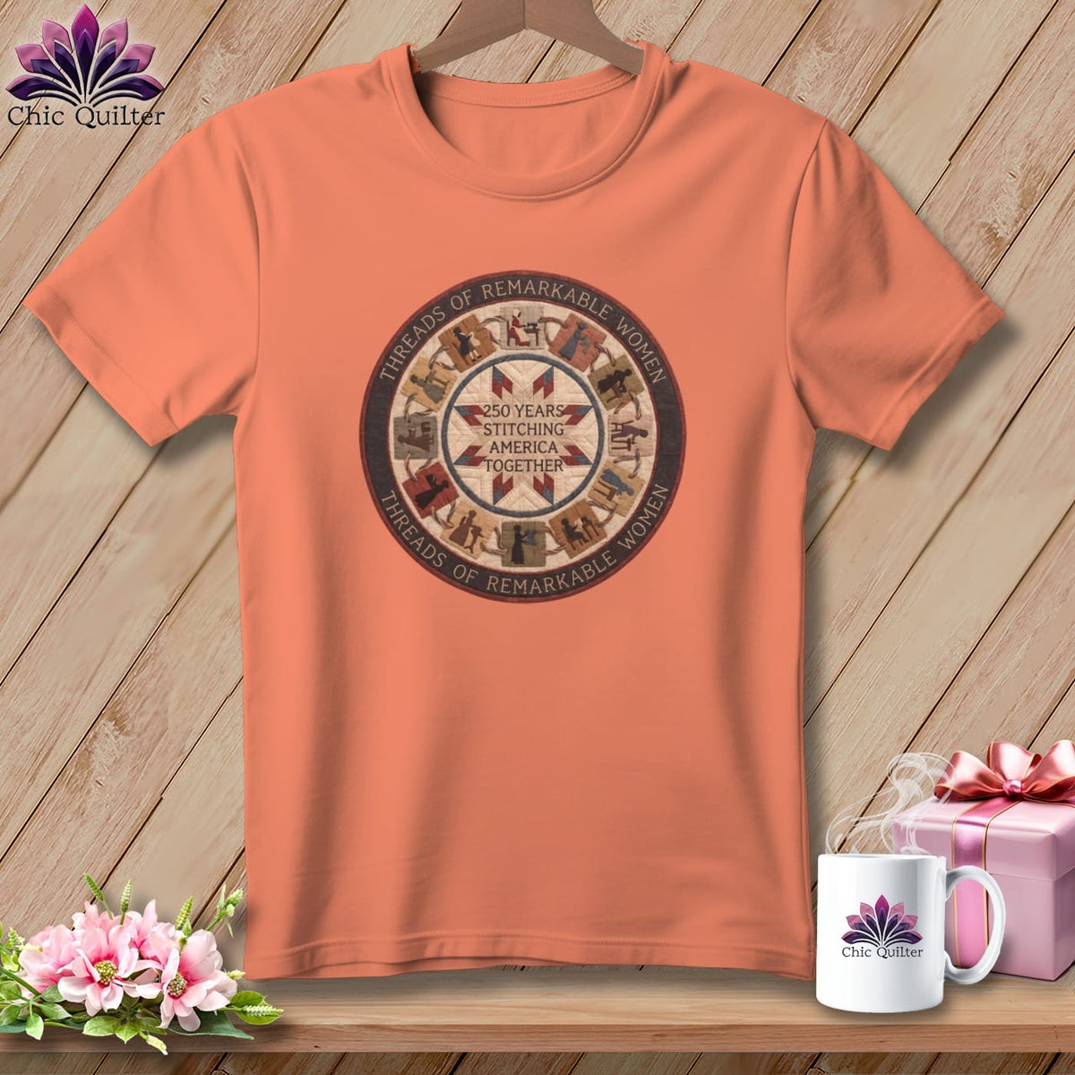 MyDesigns Physical Item S / Heather Sunset Threads of Remarkable Women 250 Years Stitching America Together Quilter ~ Relaxed Fit Tee