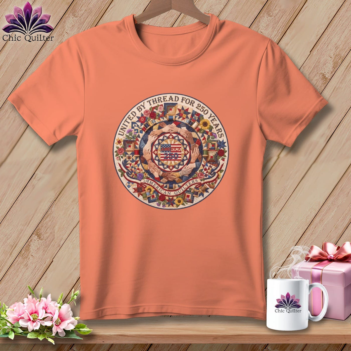 MyDesigns Physical Item S / Heather Sunset United By Thread For 250 Years American Quilters America 250 ~ Relaxed Fit Tee