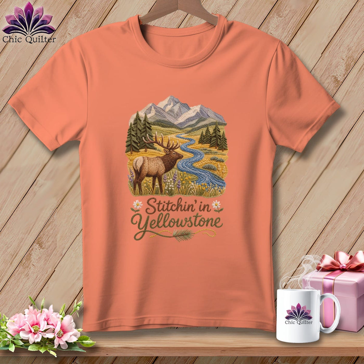 MyDesigns Physical Item S / Heather Sunset Yellowstone National Park ~ Elk, Stitchin in ~ Relaxed Fit Tee
