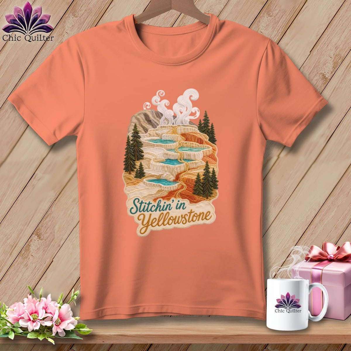 MyDesigns Physical Item S / Heather Sunset Yellowstone National Park ~ Hot Springs Pools, Stitchin in ~ Relaxed Fit Tee