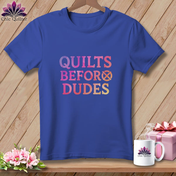 MyDesigns Physical Item S / Heather True Royal Quilts Before Dudes Embroidered ~ Relaxed Fit Tee