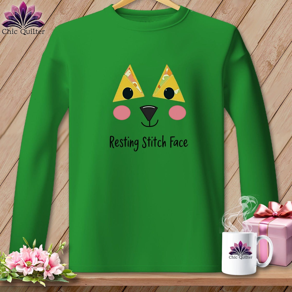 MyDesigns Physical Item S / Irish Green Patchwork Face - Resting Stitch Face ~ Long Sleeve Tee