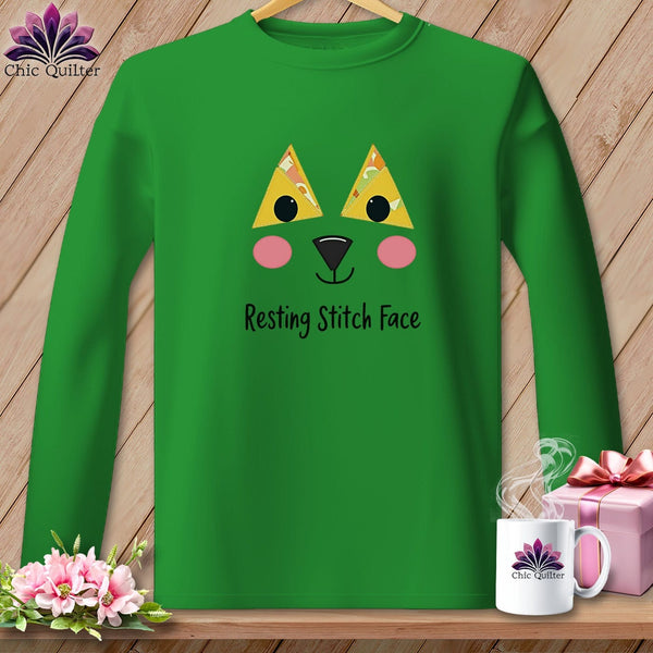MyDesigns Physical Item S / Irish Green Patchwork Face - Resting Stitch Face ~ Long Sleeve Tee