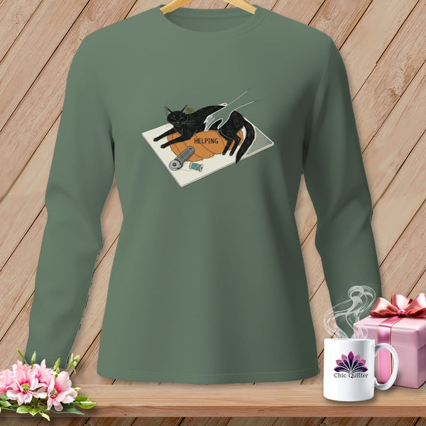 MyDesigns Physical Item S / Light Green HELPING ~ Cat on the Cutting Mat ~ Long Sleeve Tee