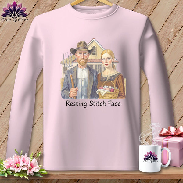 MyDesigns Physical Item S / Light Pink American Gothic Seamstress - Resting Stitch Face ~ Long Sleeve Tee