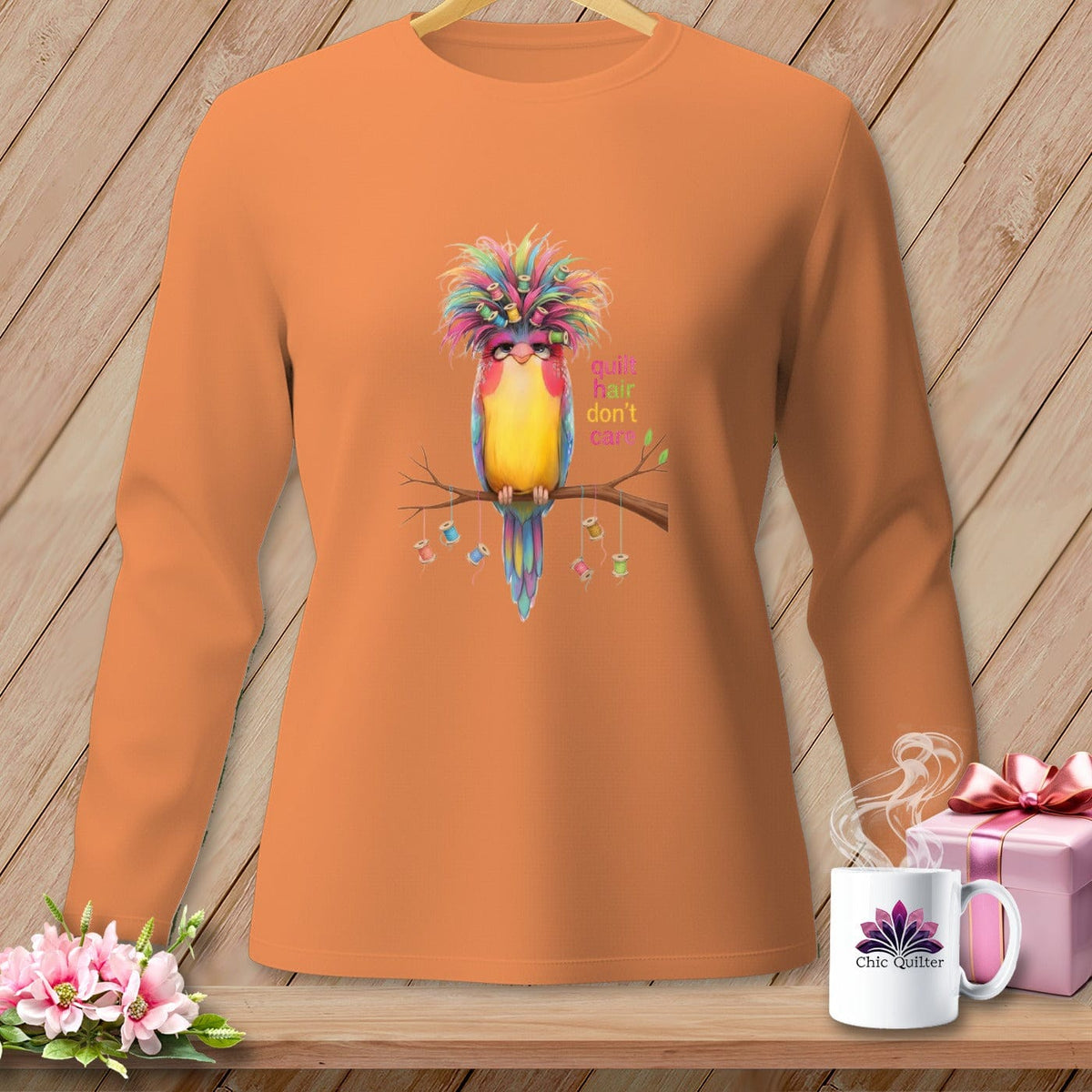 MyDesigns Physical Item S / Melon Quilt Hair Don’t Care ~ Curlene Spoolworth ~ Long Sleeve Tee