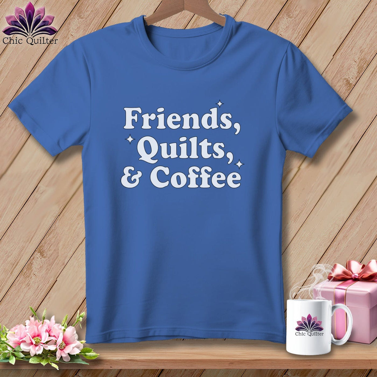MyDesigns Physical Item S / Mystic Blue Friends, Quilts & Coffee ~ Premium Tee