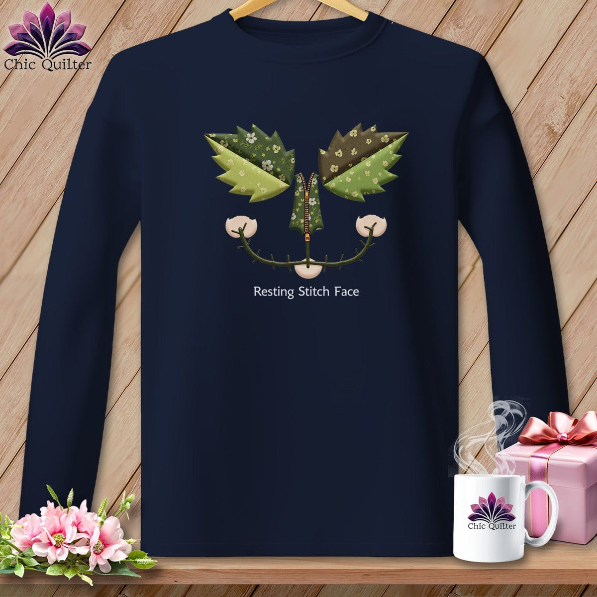 MyDesigns Physical Item S / Navy Garden Stitch -  Resting Stitch Face Graphic Design ~ Long Sleeve T-Shirt