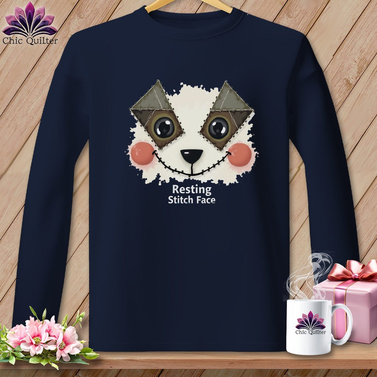 MyDesigns Physical Item S / Navy Patchwork Cheek - Resting Stitch Face ~ Long Sleeve T-Shirt