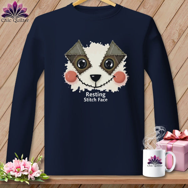 MyDesigns Physical Item S / Navy Patchwork Cheek - Resting Stitch Face ~ Long Sleeve T-Shirt