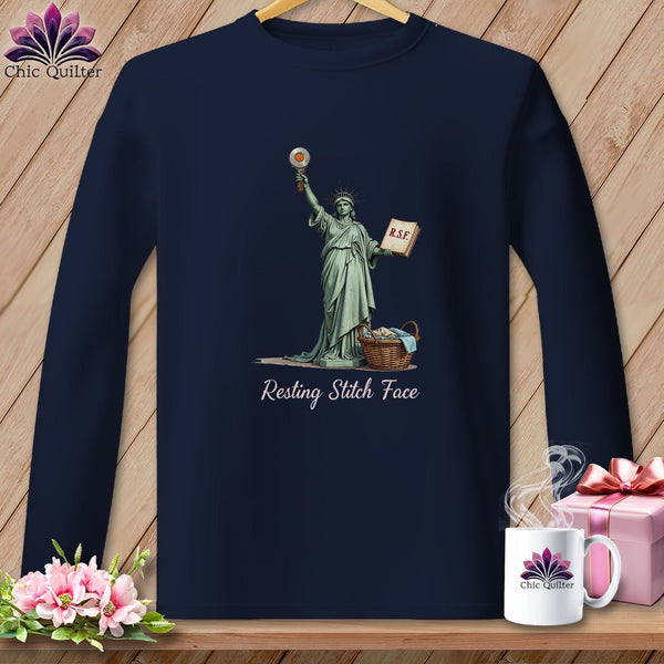MyDesigns Physical Item S / Navy Quilter of Liberty - Resting Stitch Face ~ Long Sleeve T-Shirt