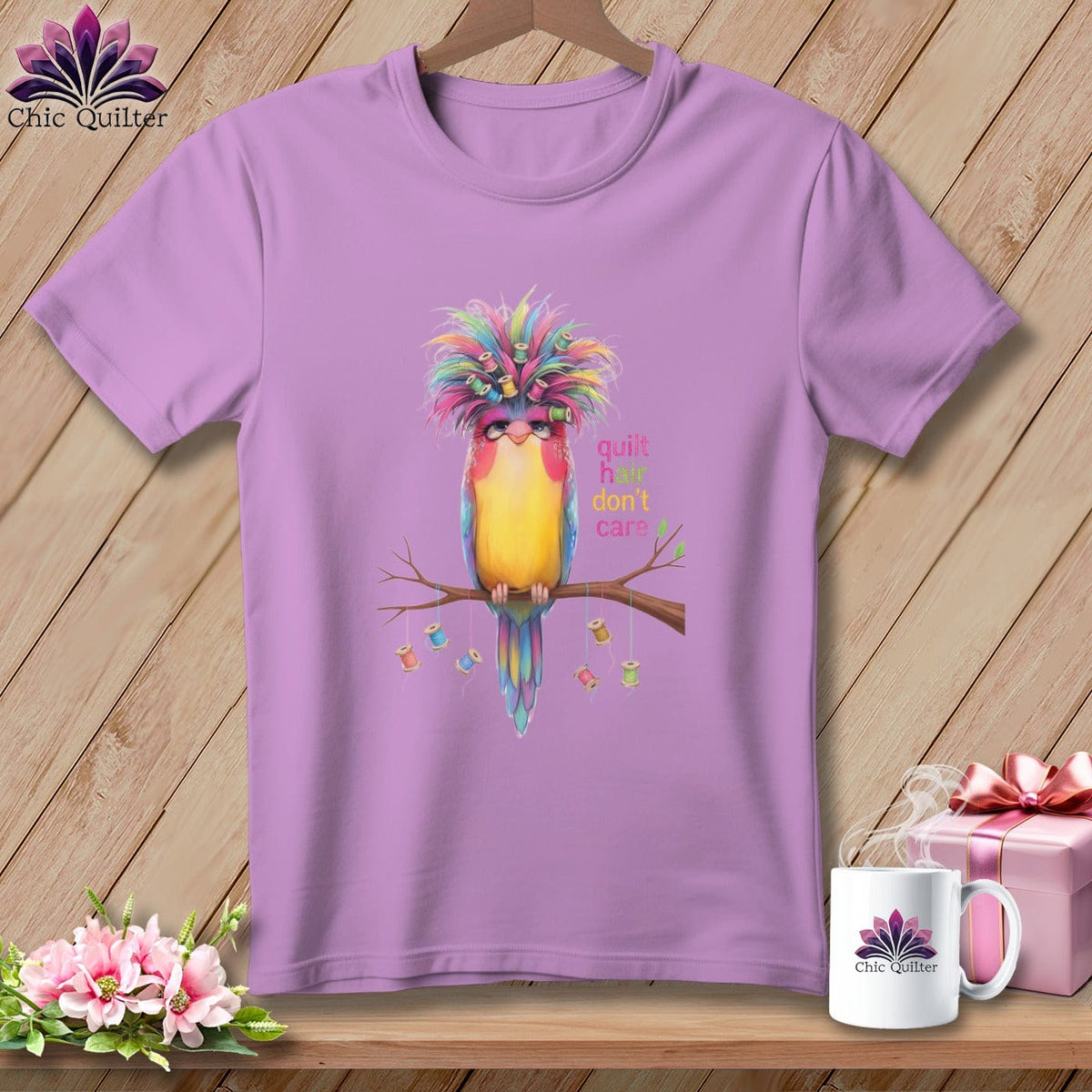 MyDesigns Physical Item S / Orchid Quilt Hair Don’t Care ~ Curlene Spoolworth ~ Premium Tee