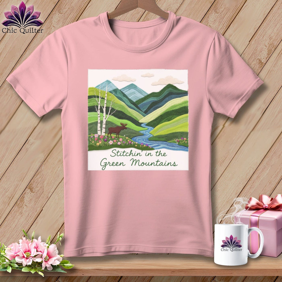 MyDesigns Physical Item S / Pink Stitchin' in Green Mountains ~ Relaxed Fit Tee