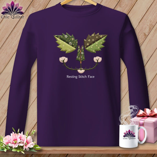 MyDesigns Physical Item S / Purple Garden Stitch -  Resting Stitch Face Graphic Design ~ Long Sleeve T-Shirt
