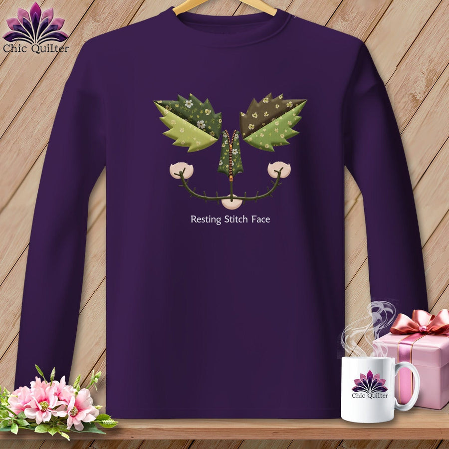 MyDesigns Physical Item S / Purple Garden Stitch -  Resting Stitch Face Graphic Design ~ Long Sleeve T-Shirt