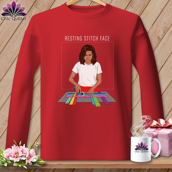 MyDesigns Physical Item S / Red Mich Sew - Resting Stitch Face ~ Long Sleeve Tee