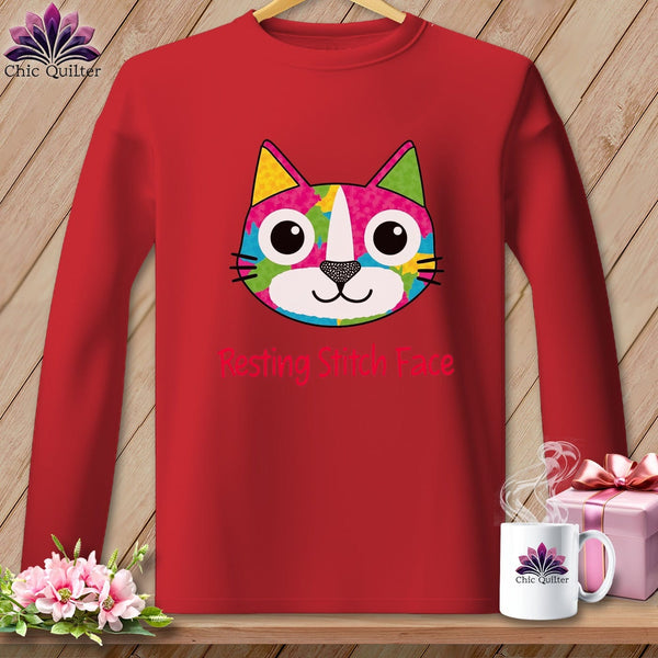 MyDesigns Physical Item S / Red Patchwork Smile - Resting Stitch Face ~ Long Sleeve Tee