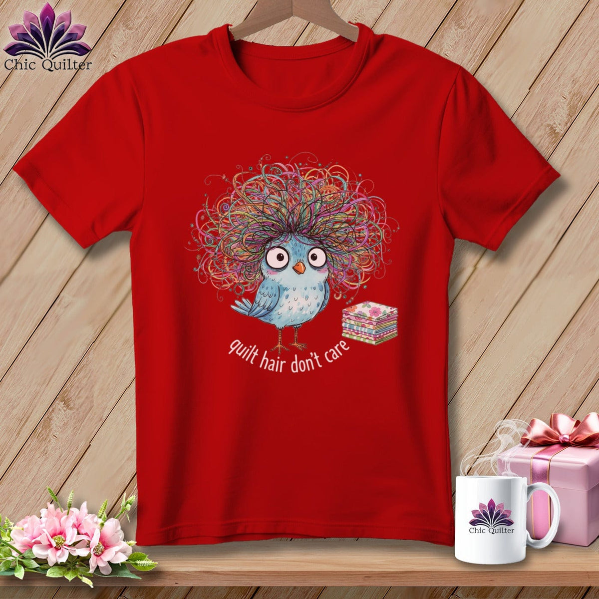 MyDesigns Physical Item S / Red Quilt Hair Don’t Care ~ Puffin Bea ~ Relaxed Fit Tee