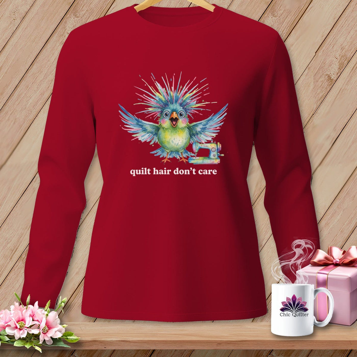 MyDesigns Physical Item S / Red Quilt Hair Don’t Care ~ Ziggy Bobbin ~ Long Sleeve Tee