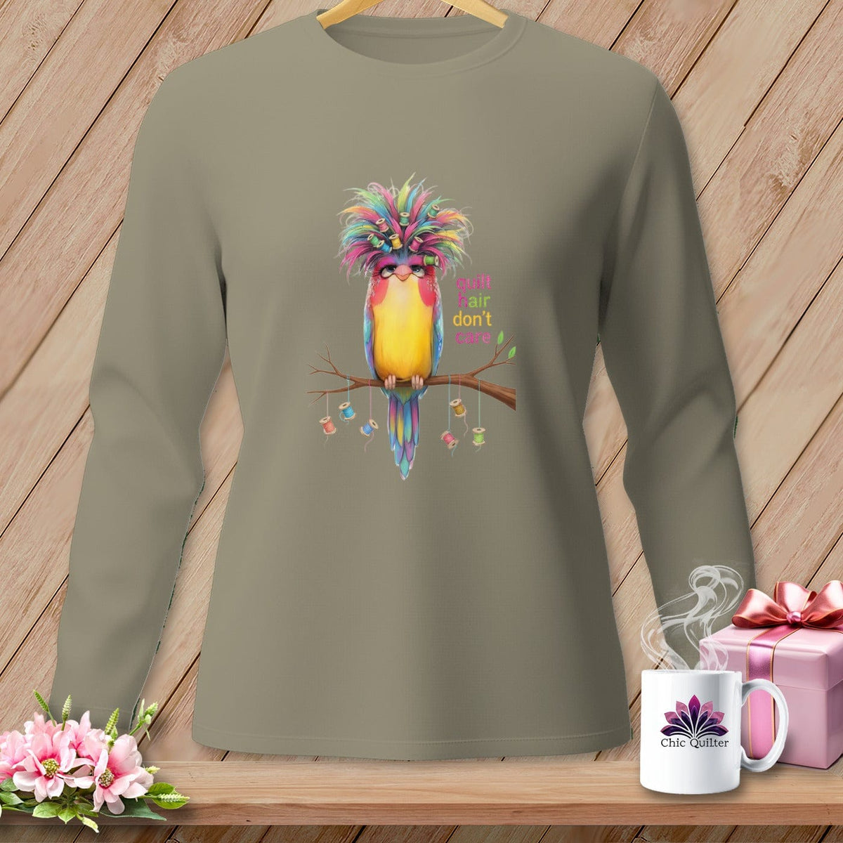 MyDesigns Physical Item S / Sandstone Quilt Hair Don’t Care ~ Curlene Spoolworth ~ Long Sleeve Tee