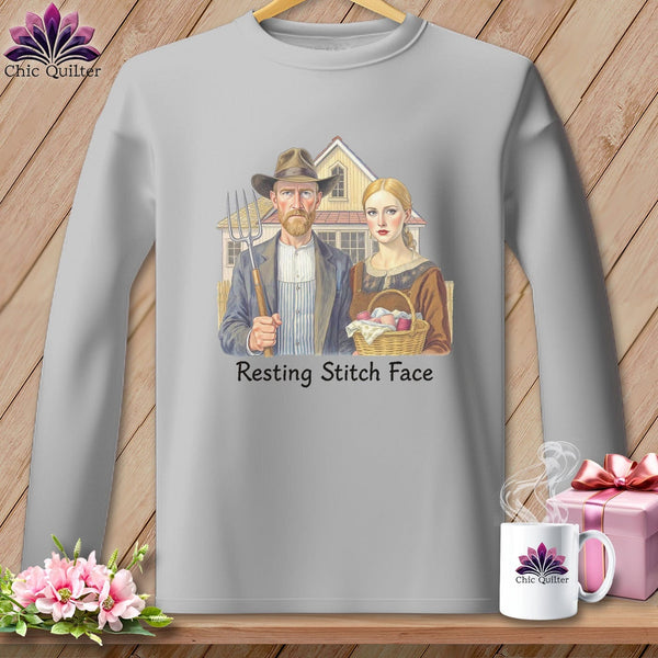 MyDesigns Physical Item S / Sport Grey American Gothic Seamstress - Resting Stitch Face ~ Long Sleeve Tee