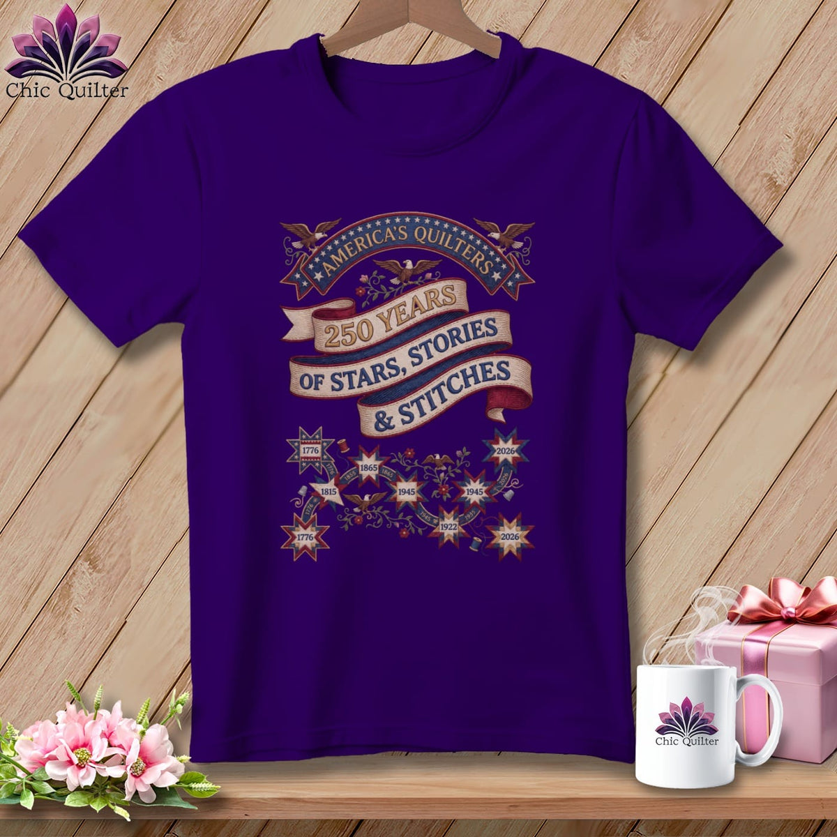 MyDesigns Physical Item S / Team Purple America's Quilters 250 Years of Stars Stories & Stitches Patriotic Quilting ~ Relaxed Fit Tee