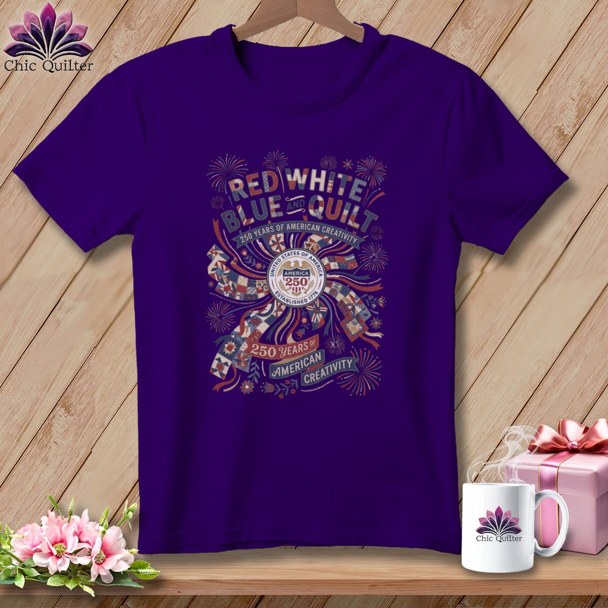 MyDesigns Physical Item S / Team Purple Red White Blue and Quilt 250 Years of American Creativity Patriotic Quilte ~ Relaxed Fit Teer Tee