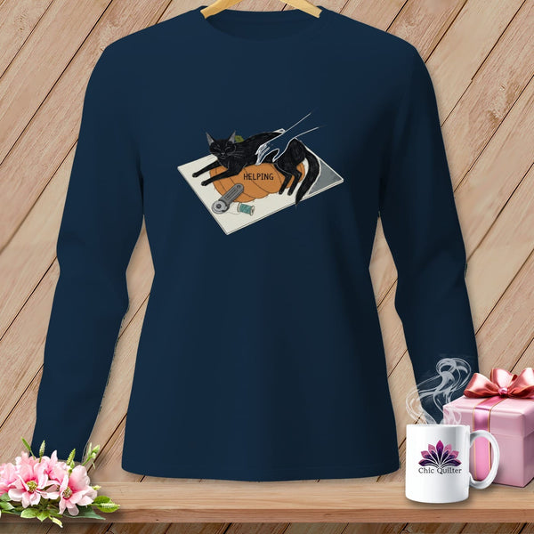 MyDesigns Physical Item S / True Navy HELPING ~ Cat on the Cutting Mat ~ Long Sleeve Tee
