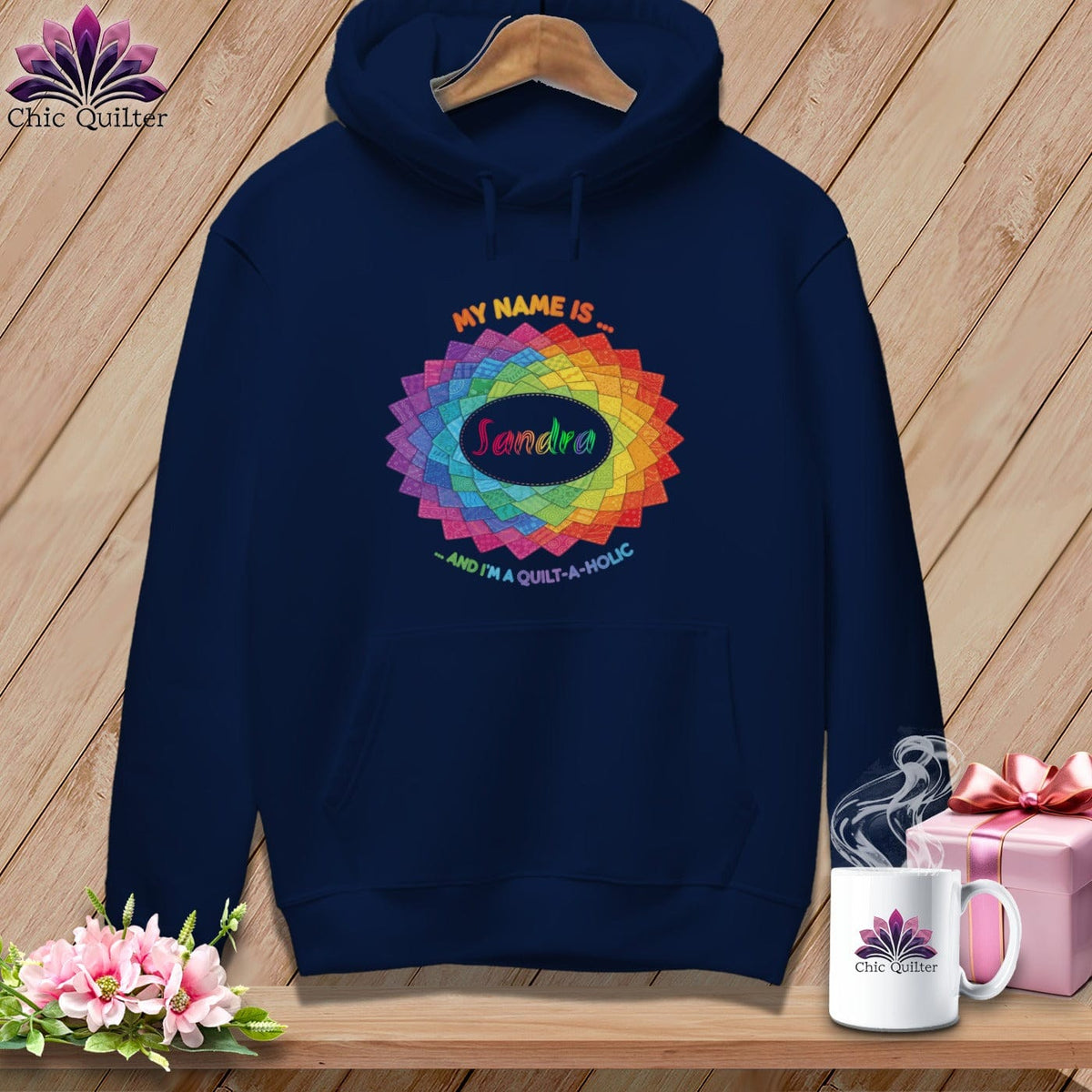 MyDesigns Physical Item S / True Navy Personalized Rainbow Quilt Spiral ~ Premium Hoodie