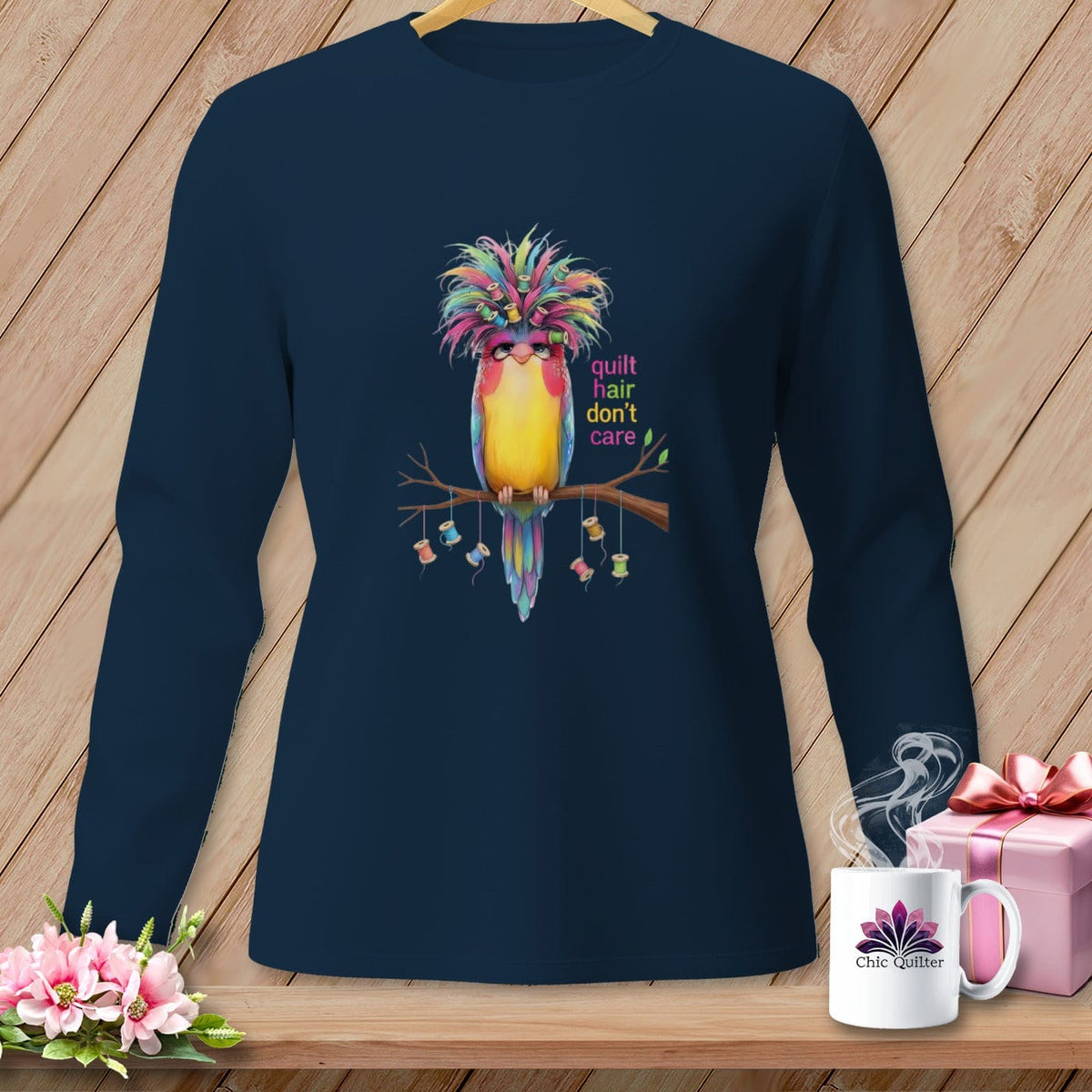 MyDesigns Physical Item S / True Navy Quilt Hair Don’t Care ~ Curlene Spoolworth ~ Long Sleeve Tee
