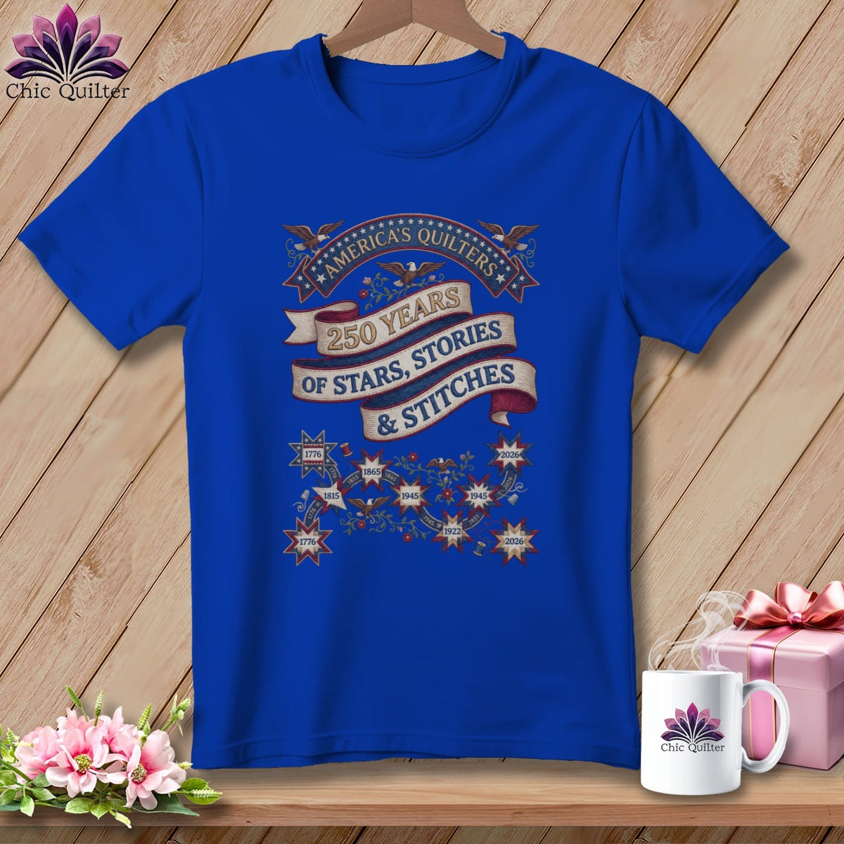 MyDesigns Physical Item S / True Royal America's Quilters 250 Years of Stars Stories & Stitches Patriotic Quilting ~ Relaxed Fit Tee