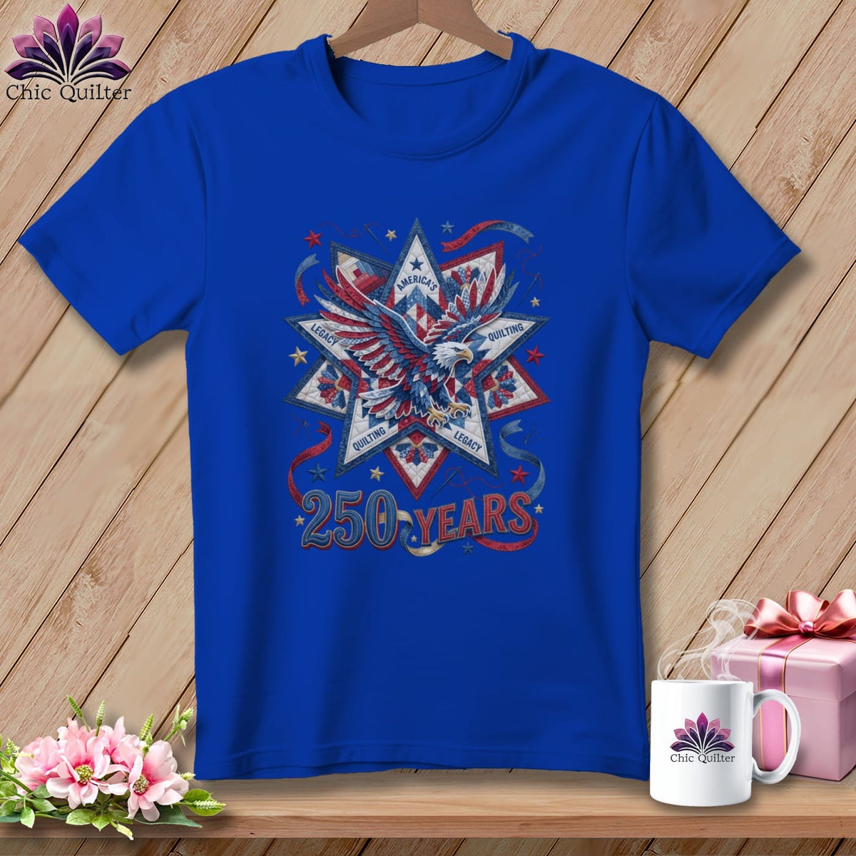 MyDesigns Physical Item S / True Royal America's Quilting Legacy 250 Years Patriotic Quilter ~ Relaxed Fit Tee